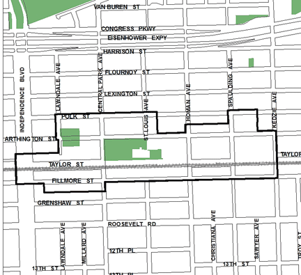 Homan/Arthington TIF district, roughly bounded on the north by Polk Street, Grenshaw Street on the south, Kedzie Avenue on the east, and Independence Boulevard on the west.